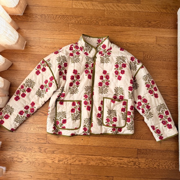 Anthropologie Jackets & Blazers - ANTHROPOLOGIE Cream Quilted Jacket with Pink Floral Print and Olive Trim